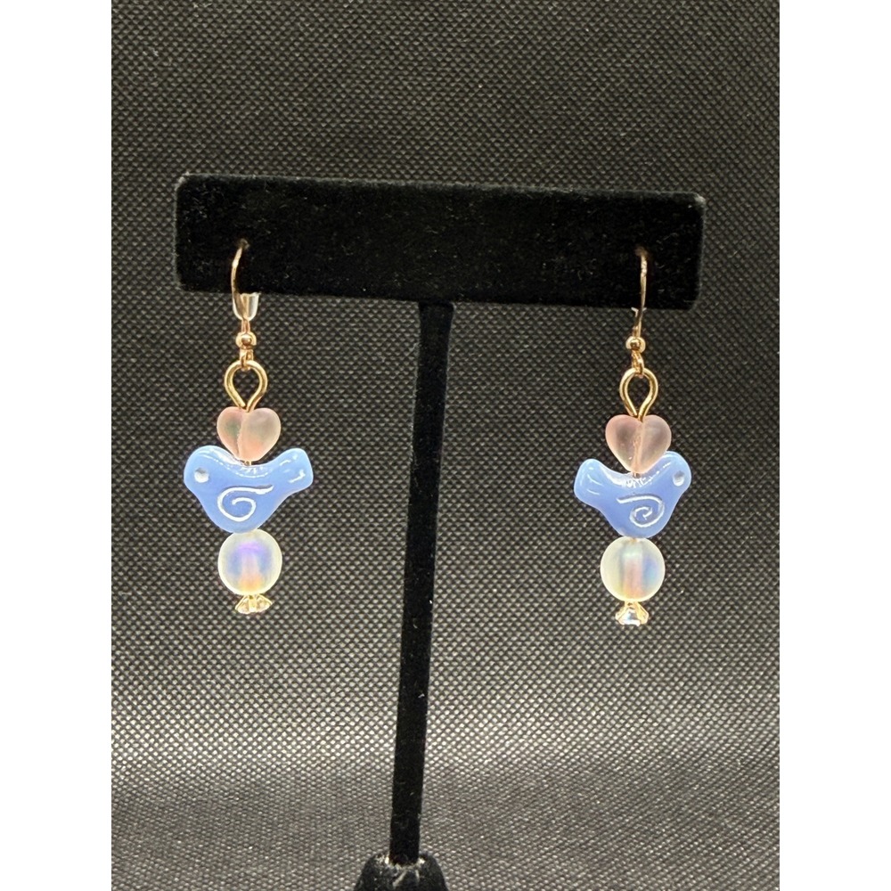 Handmade Frosted Czech Glass Bird Heart Iridescent UV Reactive Drop Earrings